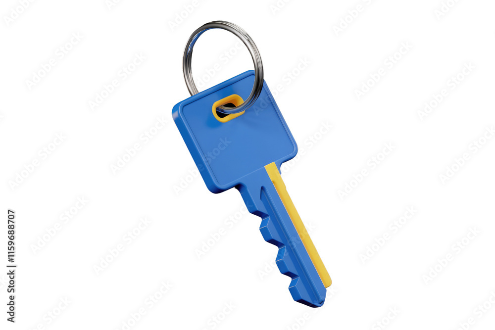 Poster a 3d-rendered blue and yellow key with a silver keyring, symbolizing access and security. background