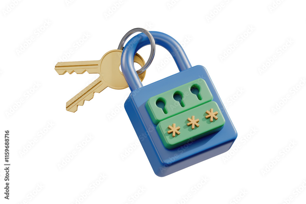 Fototapete 3D render of a padlock with keys and a combination lock, symbolizing security and access. background removed