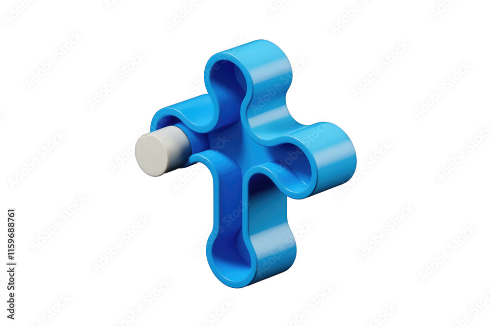 Poster Abstract 3D render of a blue puzzle piece with a white cylinder,  representing connection or problem-solving. background removed