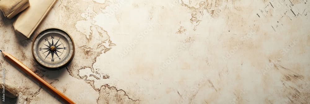 Fototapete vintage map with compass and pencil on textured background inviting exploration and adventure. gener