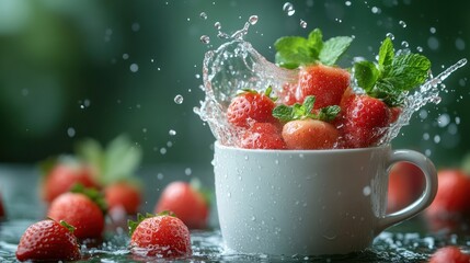 Fresh strawberries and mint splashing into a white cup.