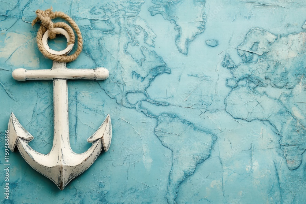 Leinwandbilder Nautical anchor placed on a detailed map of the world with a tranquil blue background and ample space for text. Generative AI
