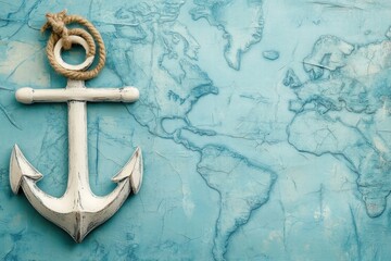 Nautical anchor placed on a detailed map of the world with a tranquil blue background and ample space for text. Generative AI