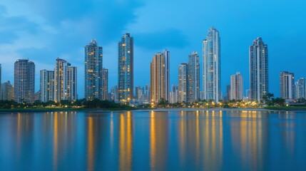 Naklejka premium Urban Skyline at Twilight with Vibrant Colors
