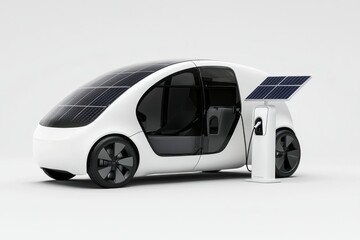White futuristic concept Solar Electric three wheeler vehicle parked next to and plugged into a Solar power charging station with white background