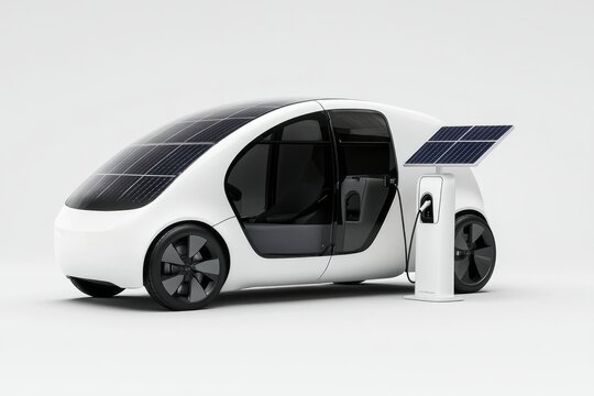 White futuristic concept Solar Electric three wheeler vehicle parked next to and plugged into a Solar power charging station with white background