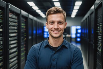 Close portrait of a smiling young Slovak male IT worker looking at the camera, against dark server room blurred background.