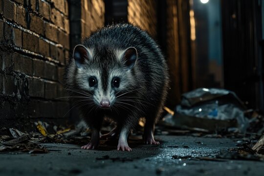 Opossum in dark alley with eerie lighting and trash