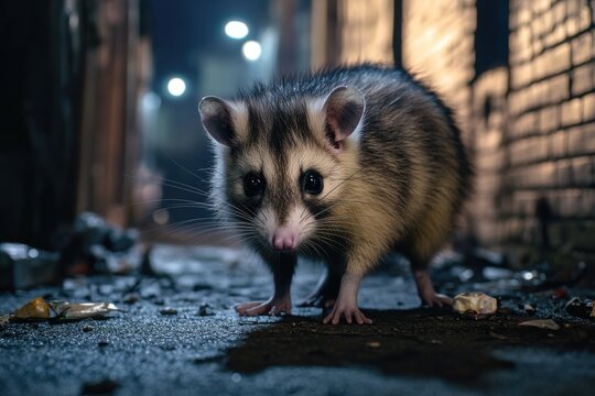 Opossum in dark alley with eerie lighting and trash