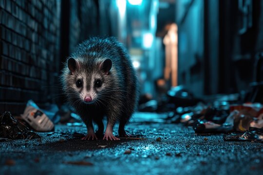 Opossum in dark alley with eerie lighting and trash