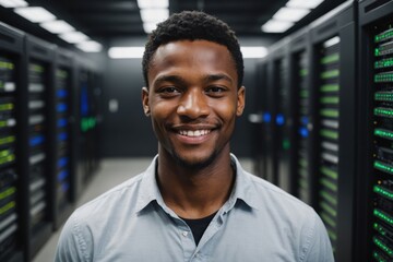 Fototapeta premium Close portrait of a smiling young South African male IT worker looking at the camera, against dark server room blurred background.