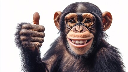 A cheerful chimpanzee giving a thumbs up, radiating positivity and joy against a white background.