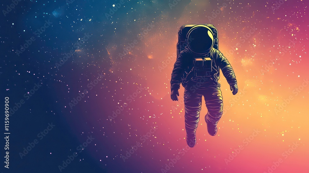 Poster astronaut floating in vibrant nebula, cosmic background.