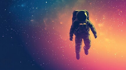 Astronaut floating in vibrant nebula, cosmic background.