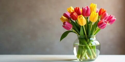 Vibrant tulip arrangement in a clear glass vase, flowers, decor, arrangement