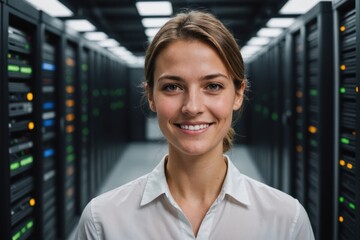 Close portrait of a smiling young Swiss female IT worker looking at the camera, against dark server room blurred background.