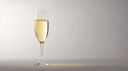 A close-up of a sparkling champagne flute filled with bubbly, golden liquid against a soft, neutral background.