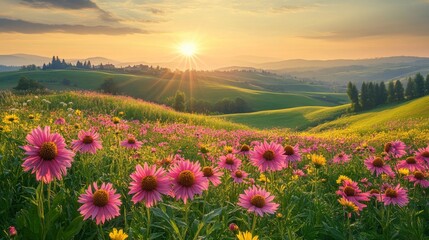 Obraz premium Sunlit Hillside Wildflower Meadow Sunrise Landscape