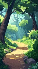 Naklejka premium A serene forest path illuminated by soft sunlight, inviting exploration and tranquility.