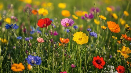 Vibrant wildflowers bloom in a colorful meadow