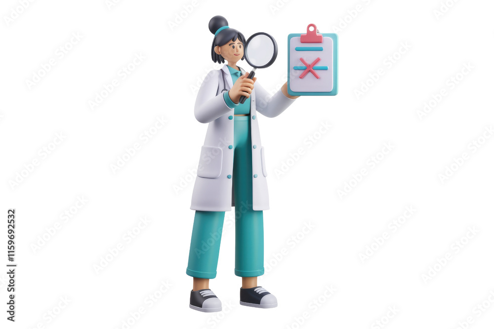 Poster 3d cartoon doctor examining a rejected checklist with a magnifying glass. background removed