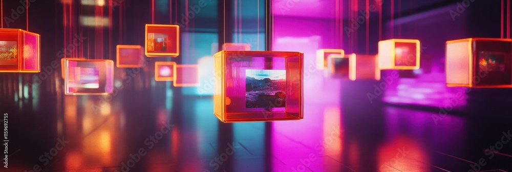 Leinwandbilder floating cubes display abstract symbols of creativity and digital art in a vibrant, modern setting. 