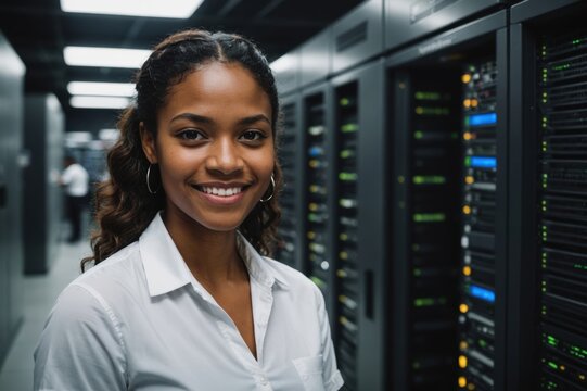 Close portrait of a smiling young Trinidadian female IT worker looking at the camera, against dark server room blurred background.