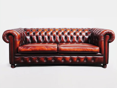 Canap&eacute; de type Chesterfield en cuir v&eacute;ritable brun sur fond blanc, avec festons et quatre pieds