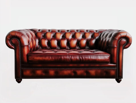 Canap&eacute; de type Chesterfield en cuir v&eacute;ritable brun sur fond blanc, avec festons et quatre pieds