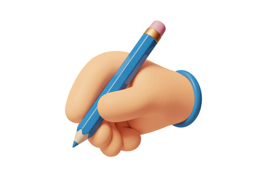 A 3D cartoon hand holding a blue pencil, ready to write or draw. background removed