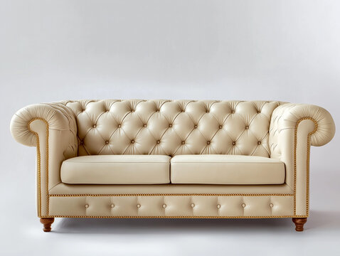 Canap&eacute; de type Chesterfield en cuir v&eacute;ritable blanc sur fond blanc, avec festons et quatre pieds