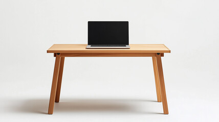 白背景に配置された木製の机とノートパソコンのミニマル写真
