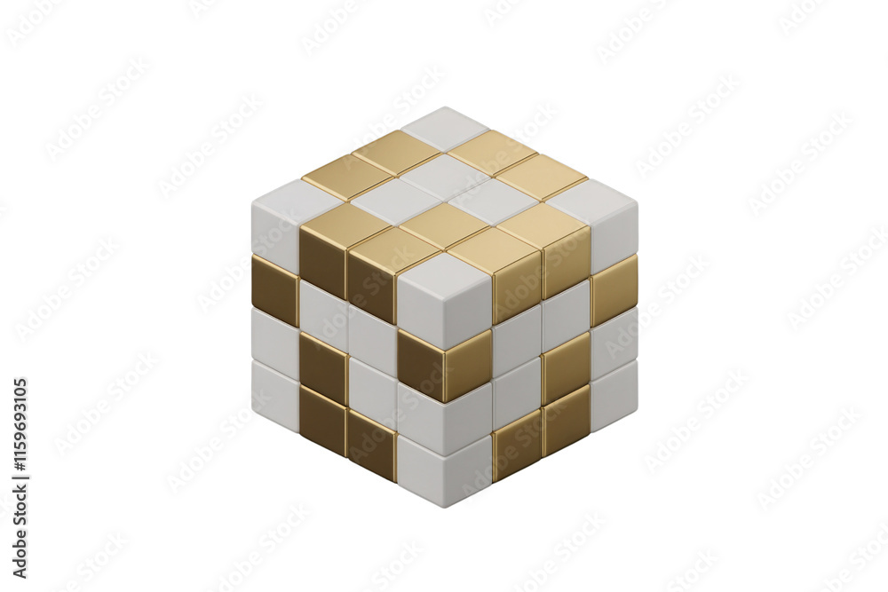 Aufkleber A 3D isometric rendering of a cube composed of smaller gold and white cubes. background removed