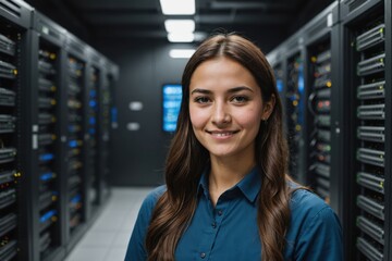 Fototapeta premium Close portrait of a smiling young Turkmen female IT worker looking at the camera, against dark server room blurred background.
