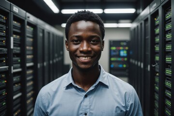 Close portrait of a smiling young Ugandan male IT worker looking at the camera, against dark server room blurred background.