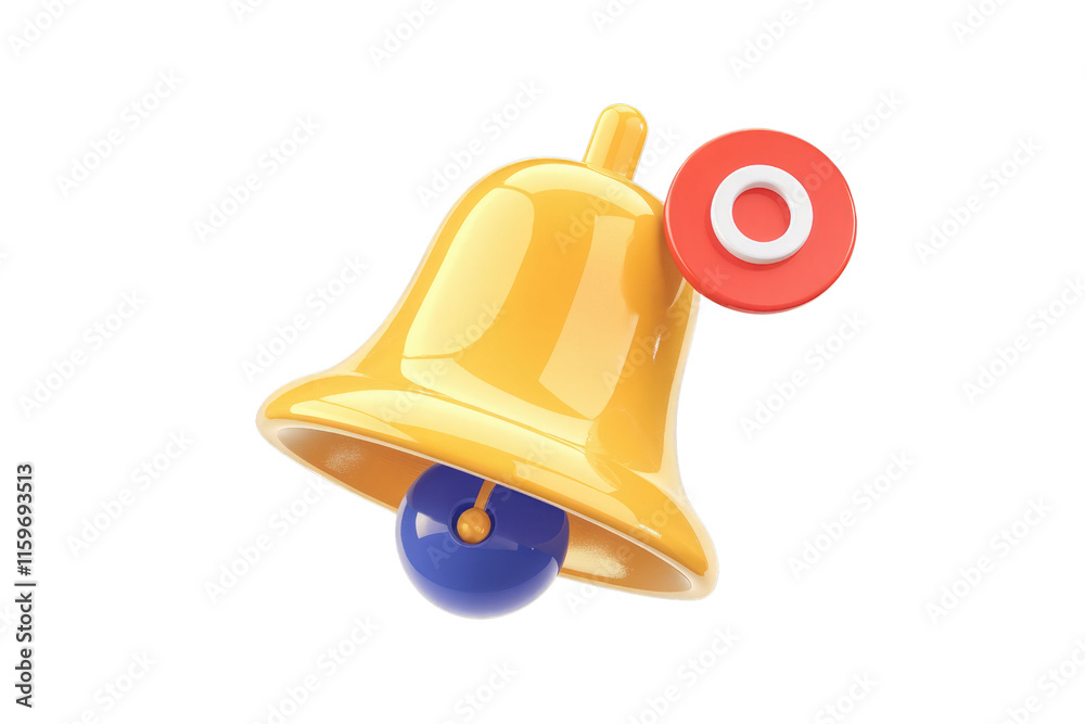 Poster 3D render of a yellow bell with a red notification circle, indicating an alert or reminder. background removed