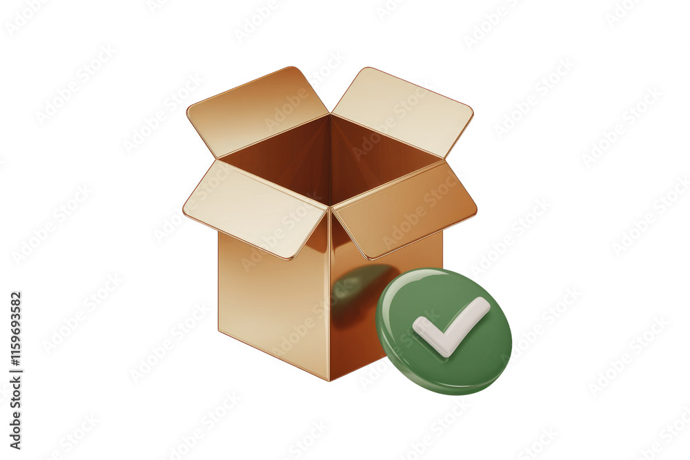 Aufkleber open golden box with a green checkmark; symbolizes completed task or successful delivery. background