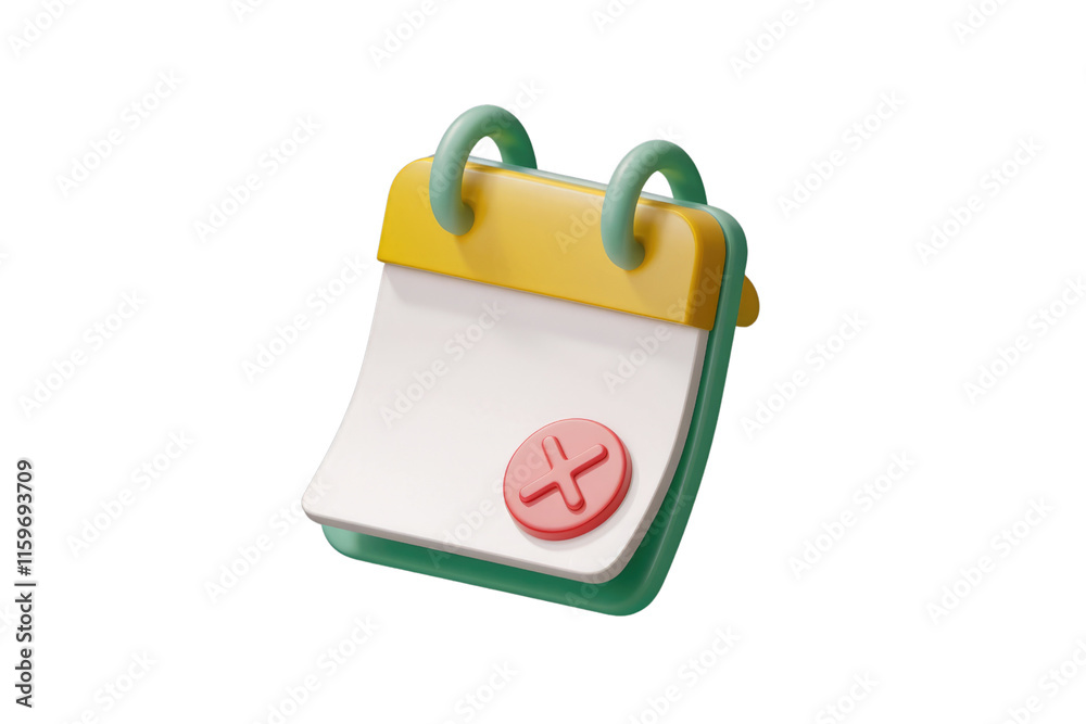 Aufkleber 3d rendered illustration of a teal and yellow calendar with a red 'x' marking a canceled date. backg