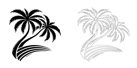 Tropical Paradise: A stylized illustration of palm trees, with two variations in black and gray. The silhouette evokes a sense of relaxation, escape, and the beauty of nature.
