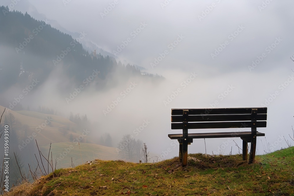 Aufkleber serene view from a hillside bench overlooking fog-covered valleys and mountains during a misty morni