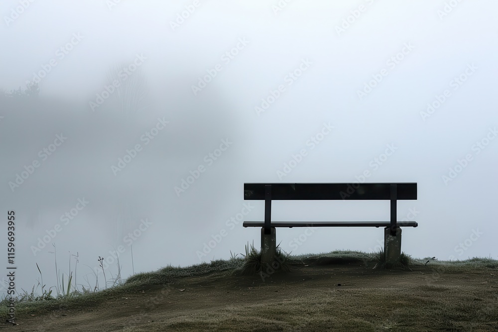 Aufkleber serene view from a hillside bench overlooking fog-covered valleys and mountains during a misty morni