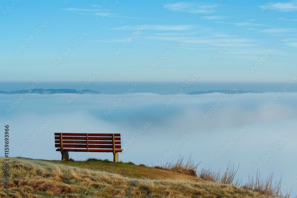 Aufkleber serene view from a hillside bench overlooking fog-covered valleys and mountains during a misty morni