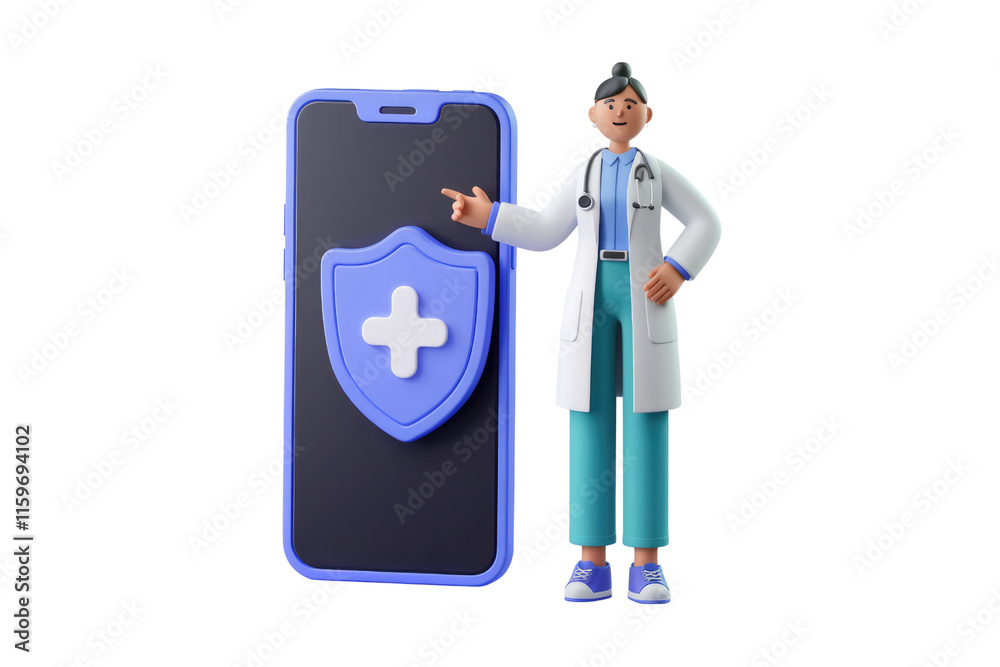 Poster Doctor promotes mobile health app with a shield and plus symbol, ensuring health security. background removed