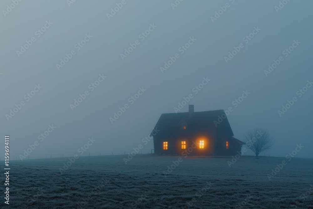 Poster mysterious house illuminated in the fog at twilight, creating an eerie atmosphere and captivating sc