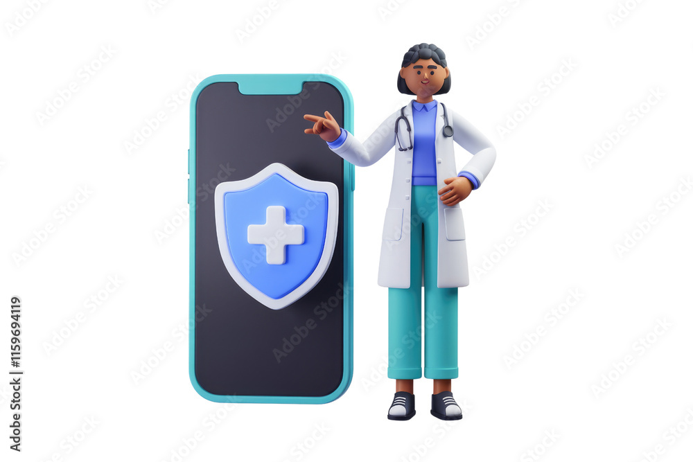 Poster a 3d cartoon doctor presents a phone displaying a health shield, symbolizing mobile health security.