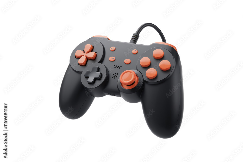 Poster a black and orange wired gamepad with directional buttons and multiple action buttons. background re