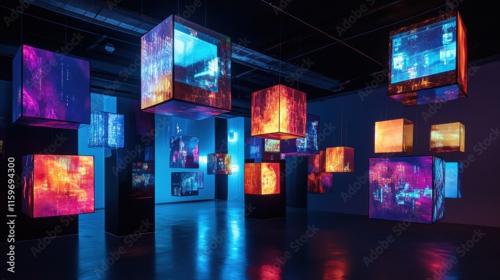 Poster Floating cubes display abstract text, vibrant imagery, and visual symbols in an immersive digital installation. Generative AI