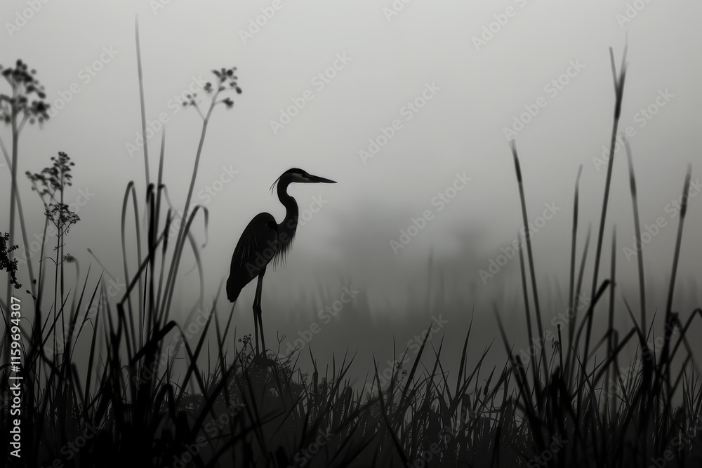 Poster heron wades through misty marsh at dawn, creating a tranquil atmosphere in the early morning light