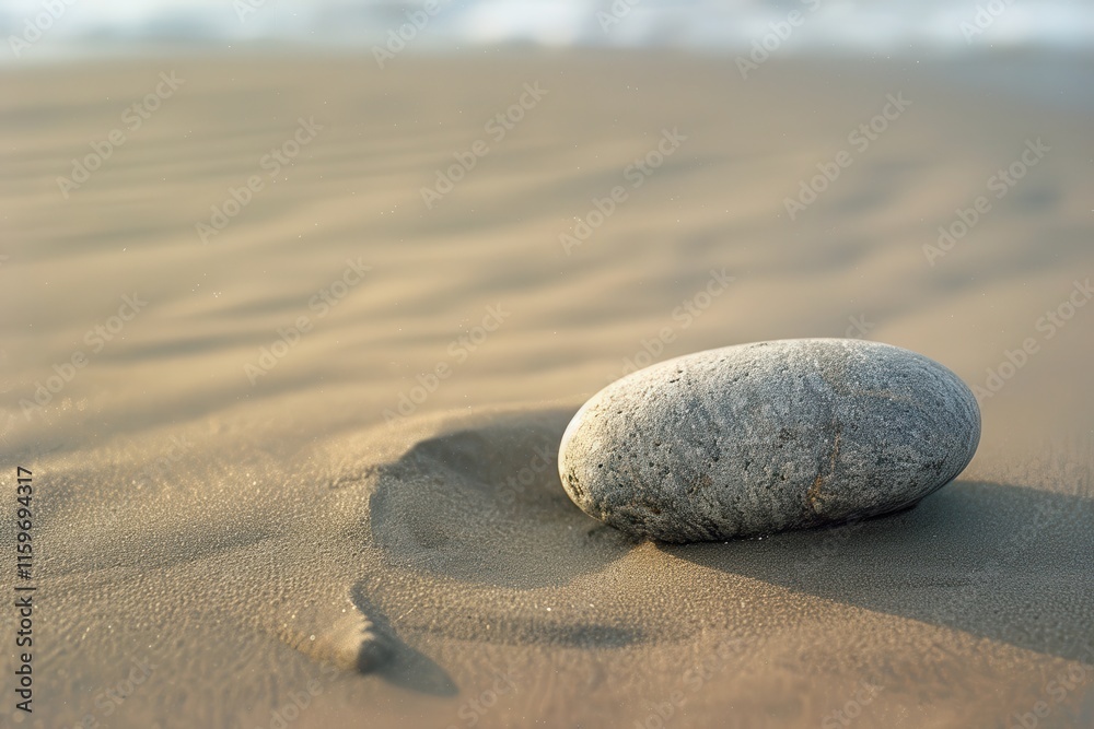 Poster smooth gray stone resting on sandy beach near gentle waves under soft light during early morning hou