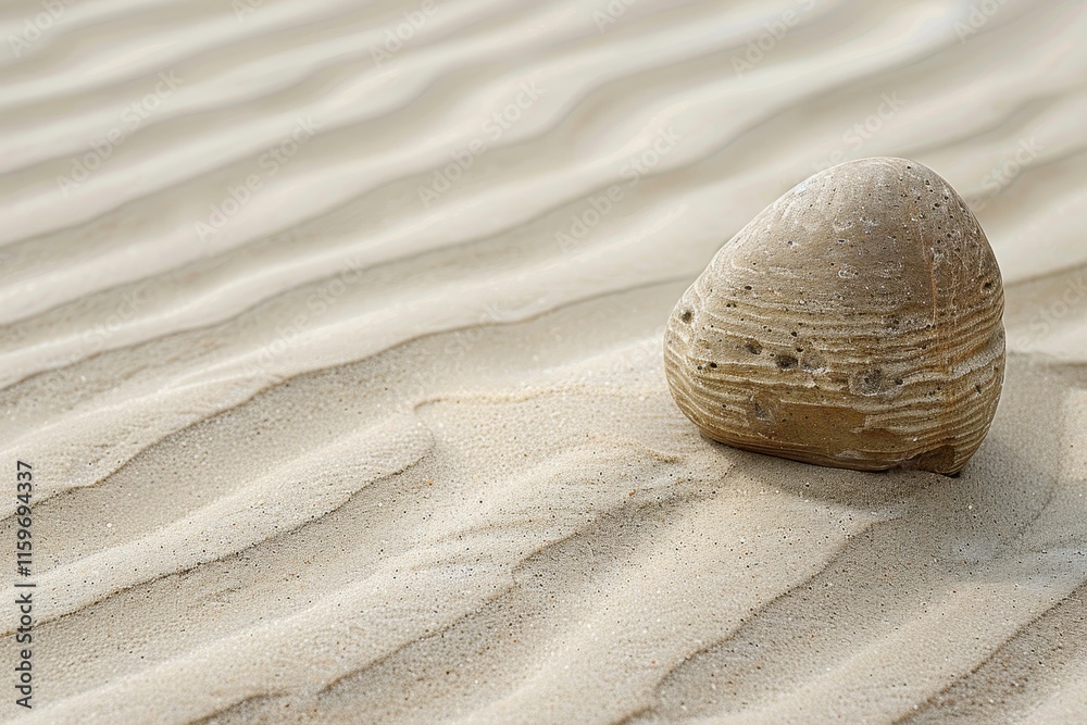 Poster smooth gray stone resting on sandy beach near gentle waves under soft light during early morning hou